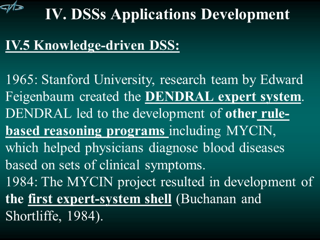 IV. DSSs Applications Development IV.5 Knowledge-driven DSS: 1965: Stanford University, research team by Edward